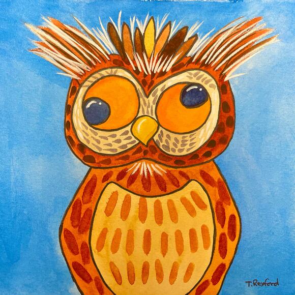 Hand painted watercolor original painting whimsical brown owl